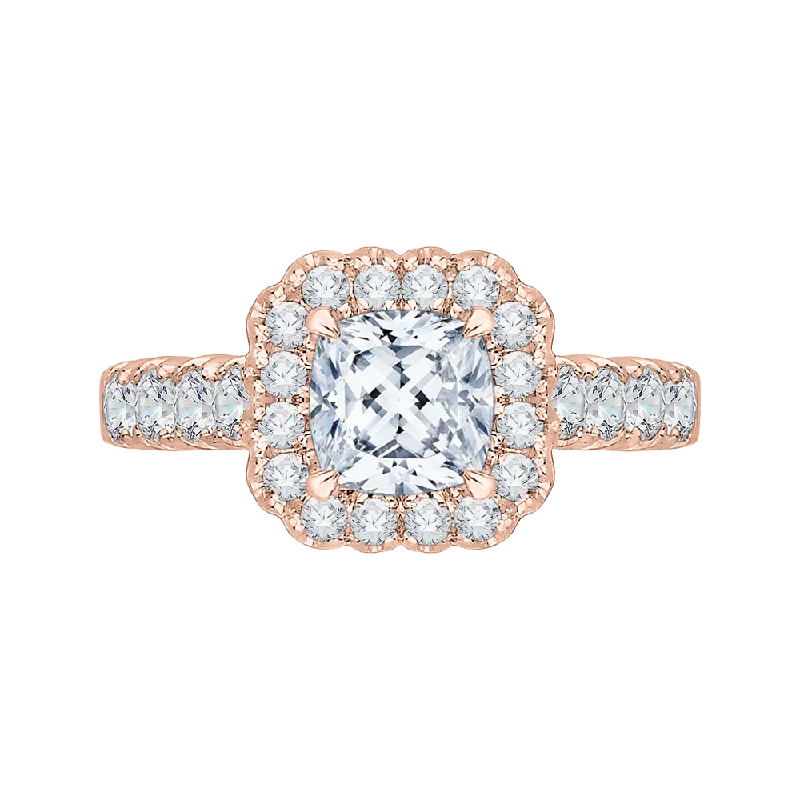 14K Rose Gold Cushion Cut Diamond Halo Engagement Ring (Semi Mount)