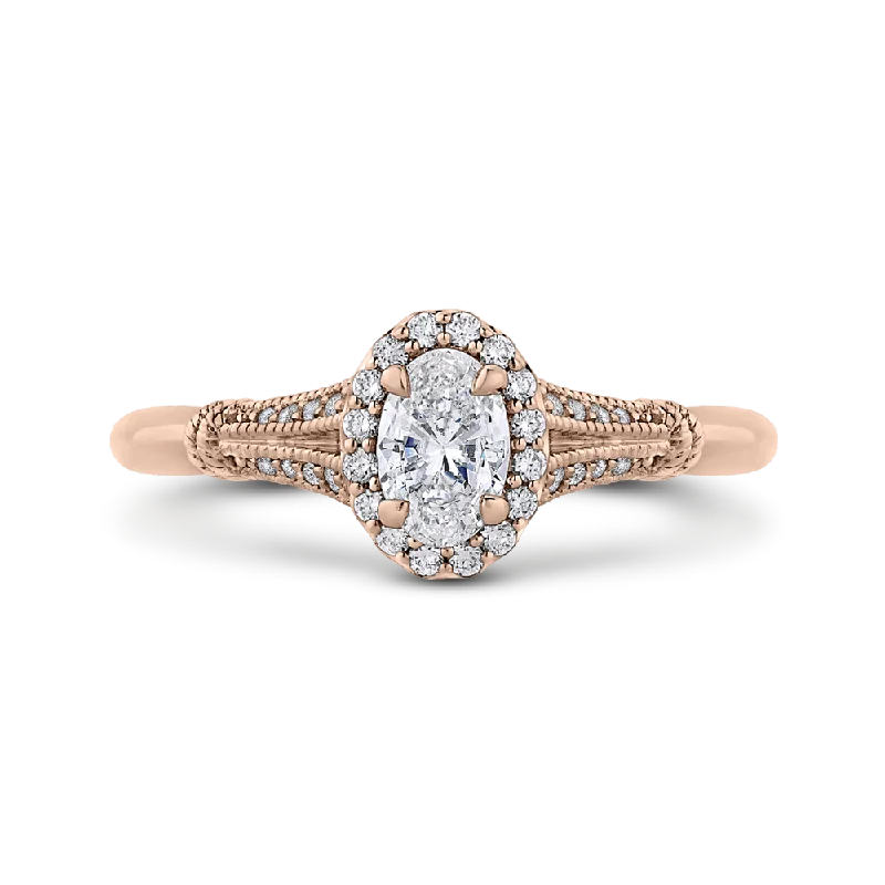 14K Rose Gold Oval Diamond Halo Cathedral Style Engagement Ring with Split Shank