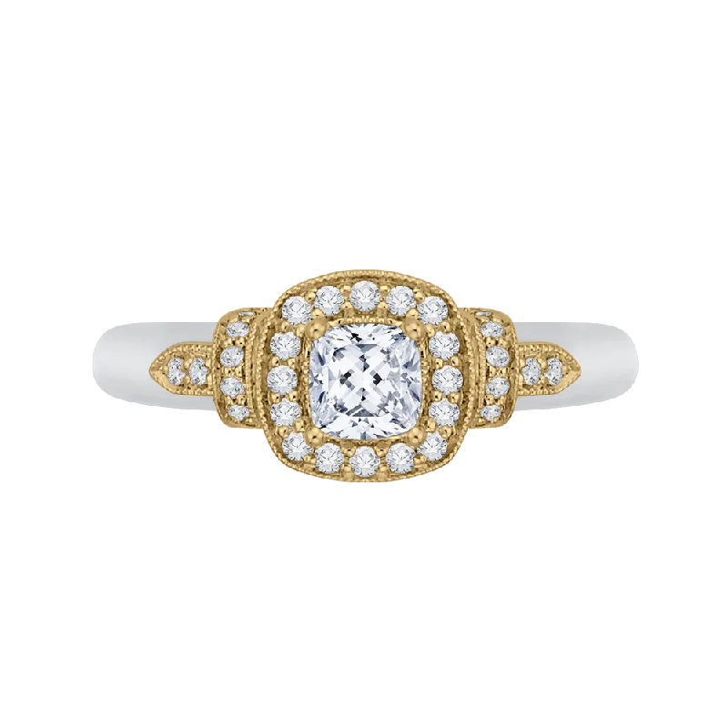 14K Two Tone Gold Cushion Diamond Halo Engagement Ring