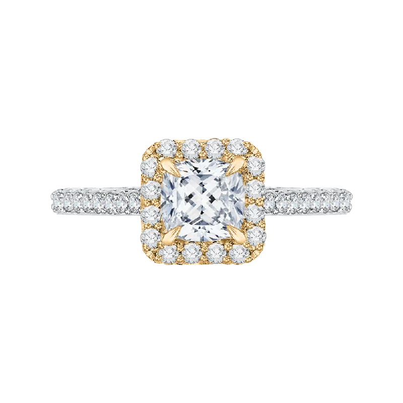 14K Two Tone Gold Cushion Diamond Halo Engagement Ring (Semi Mount)