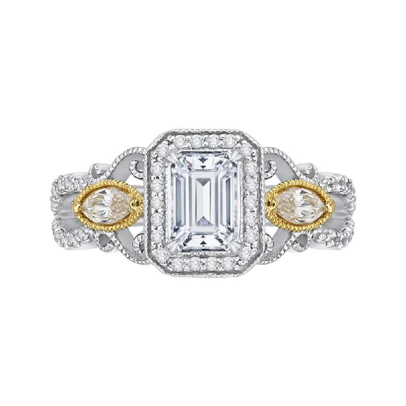 14K Two Tone Gold Emerald Cut Diamond Halo Engagement Ring (Semi Mount)