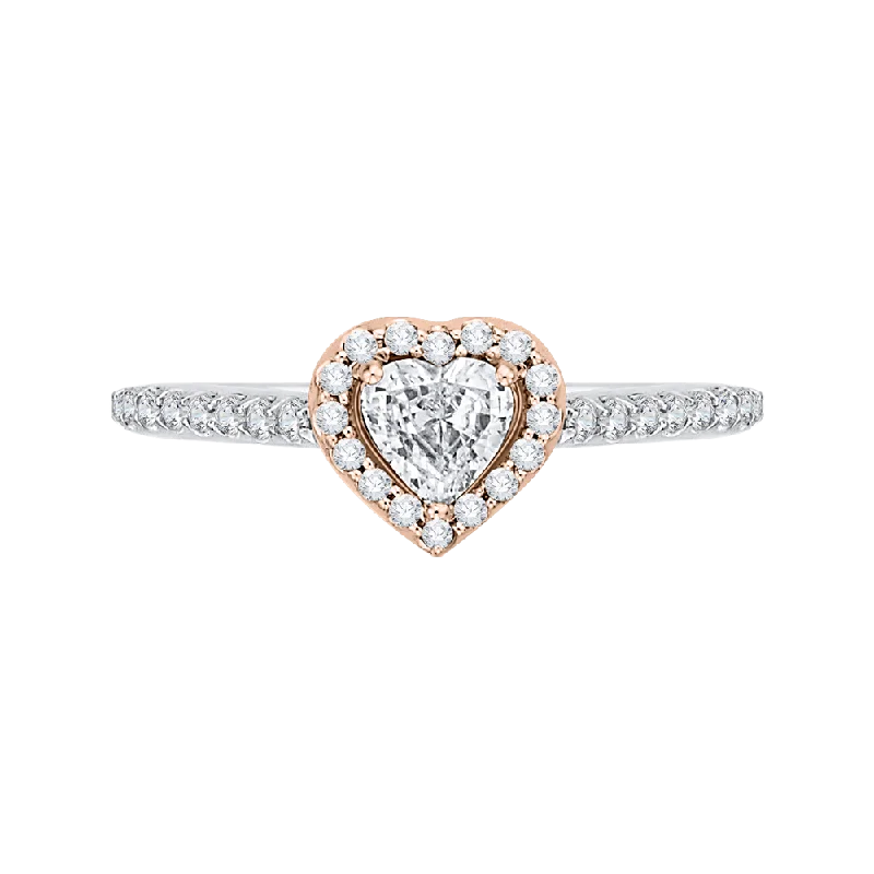 14K Two Tone Gold Heart Shape Diamond Halo Engagement Ring