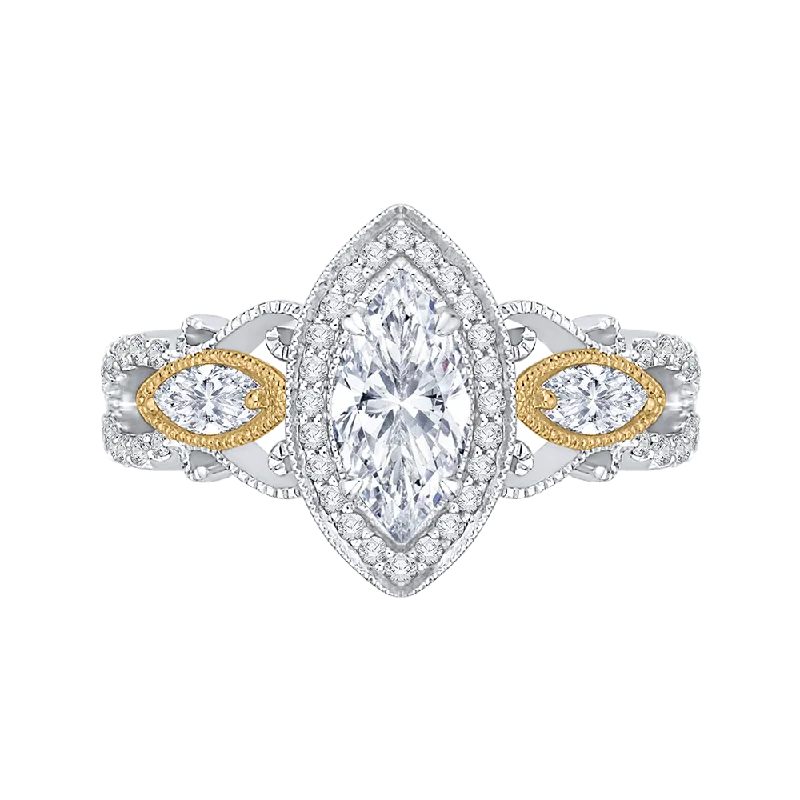 14K Two Tone Gold Marquise Diamond Halo Engagement Ring (Semi Mount)