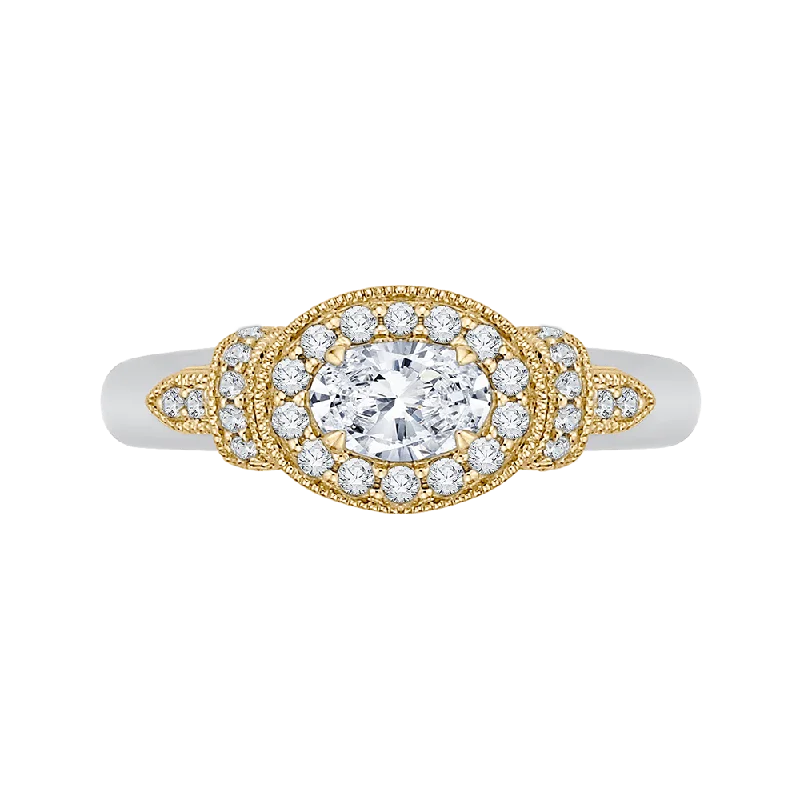 14K Two Tone Gold Oval Diamond Halo Engagement Ring