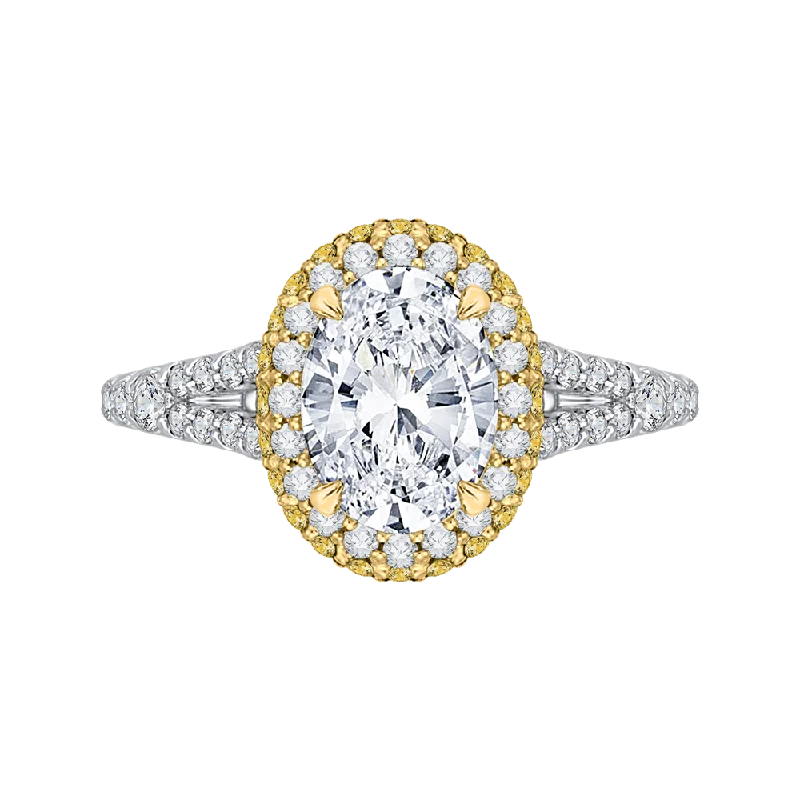 14K Two Tone Gold Oval Diamond Halo Engagement Ring with Split Shank (Semi Mount)