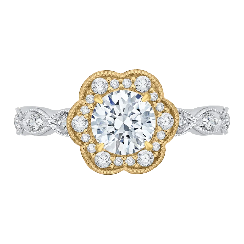 14K Two Tone Gold Round Cut Diamond Floral Halo Engagement Ring (Semi Mount)