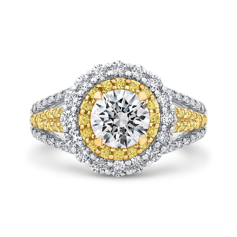 14K Two Tone Gold Round Diamond Double Halo Engagement Ring with Split Shank (Semi Mount)