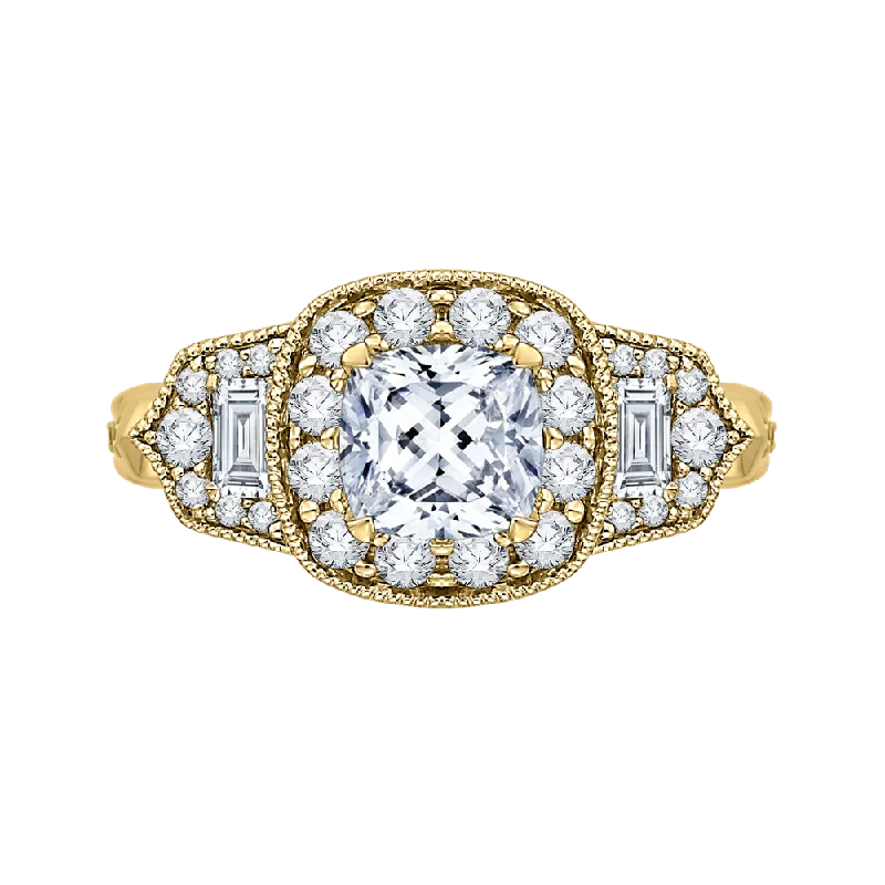 14K Yellow Gold Cushion Diamond Halo Vintage Engagement Ring (Semi Mount)