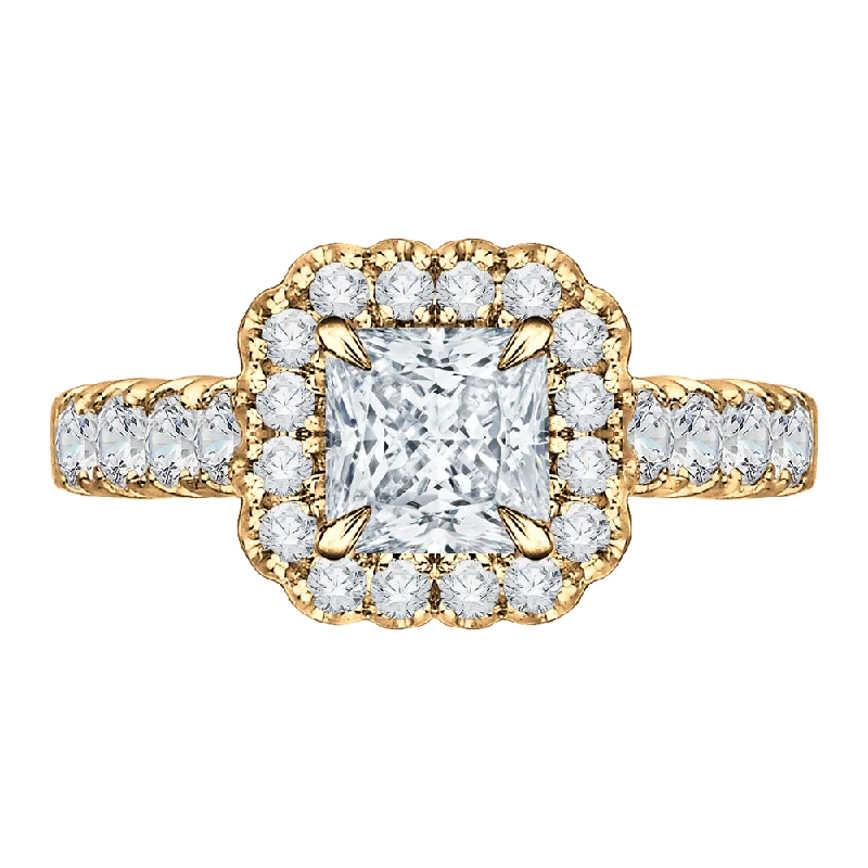 14K Yellow Gold Princess Diamond Halo Engagement Ring (Semi Mount)