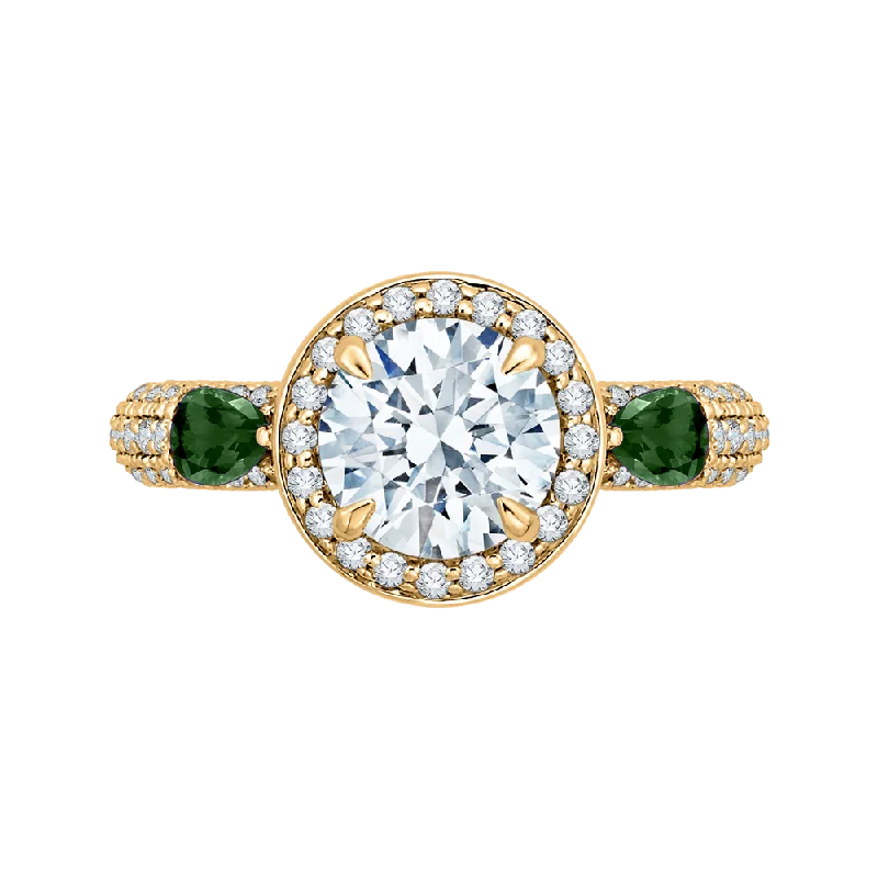 14K Yellow Gold Round Diamond and Green Tsavorite Engagement Ring (Semi Mount)