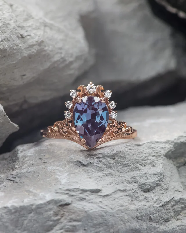 Alexandrite and diamonds engagement ring, big pear gemstone gold ring / Ariadne