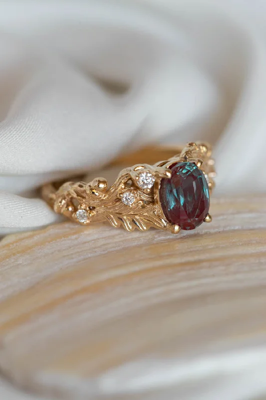 Alexandrite and diamonds oak engagement ring, colour changing gemstone gold ring / Silviya