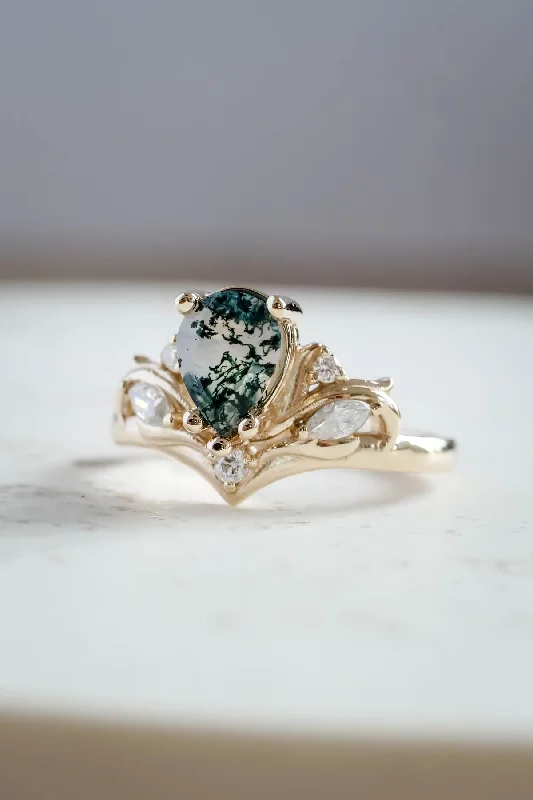 Big pear moss agate engagement ring, one of a kind gemstone ring / Swanlake