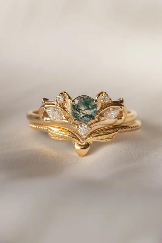 Bridal ring set with moss agate and diamonds / Swanlake