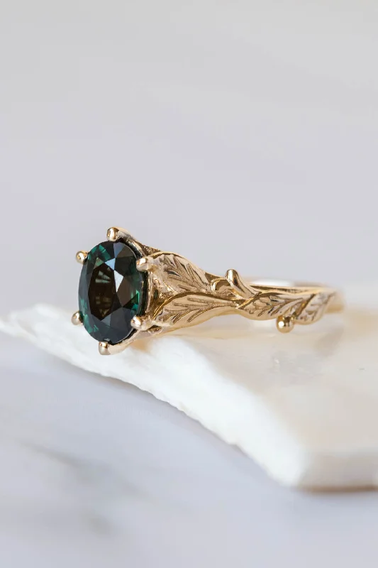 Dark teal sapphire engagement ring, oval cut gemstone gold leaf ring / Freesia