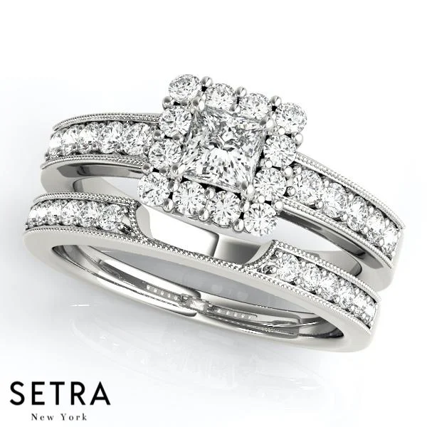 SET ENGAGEMENT & WEDDING BAND RING HALO FOR SQUARE & CUSHION