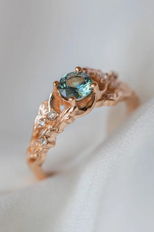 Genuine teal sapphire engagement ring, leaf and diamonds promise ring / Japanese Maple