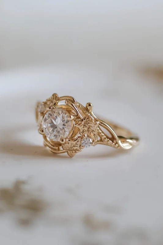 Lab grown diamond engagement ring, gold leaves ring / Undina Ivy