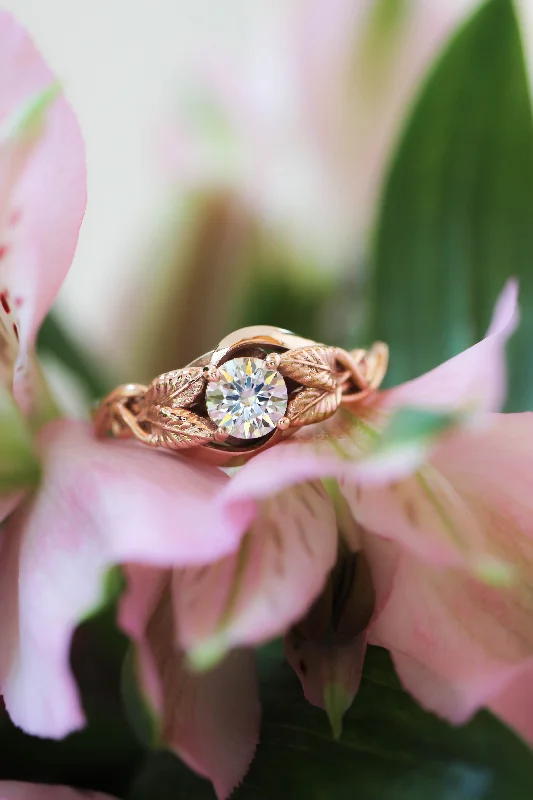 Lab grown diamond leaf engagement ring, rose gold nature inspired ring / Azalea