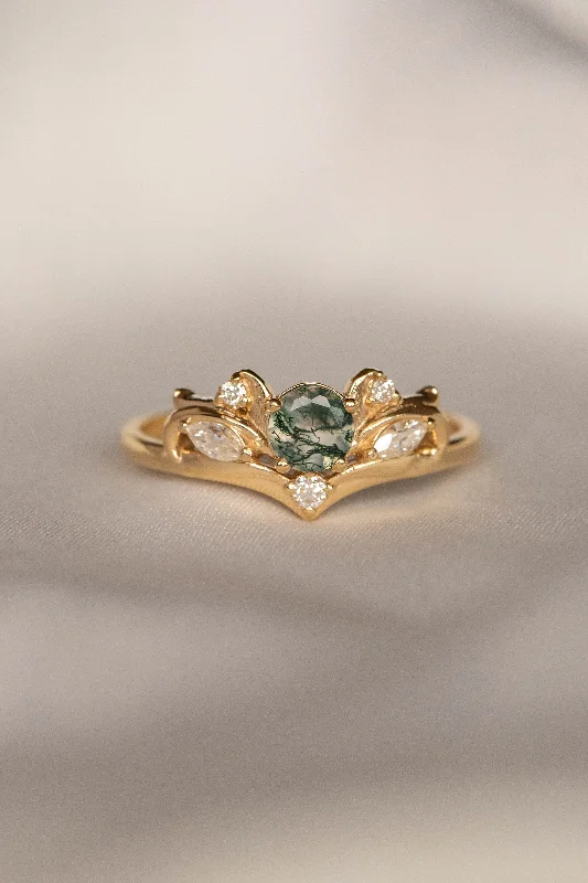 Moss agate and diamonds engagement ring, baroque inspired gold ring / Swanlake