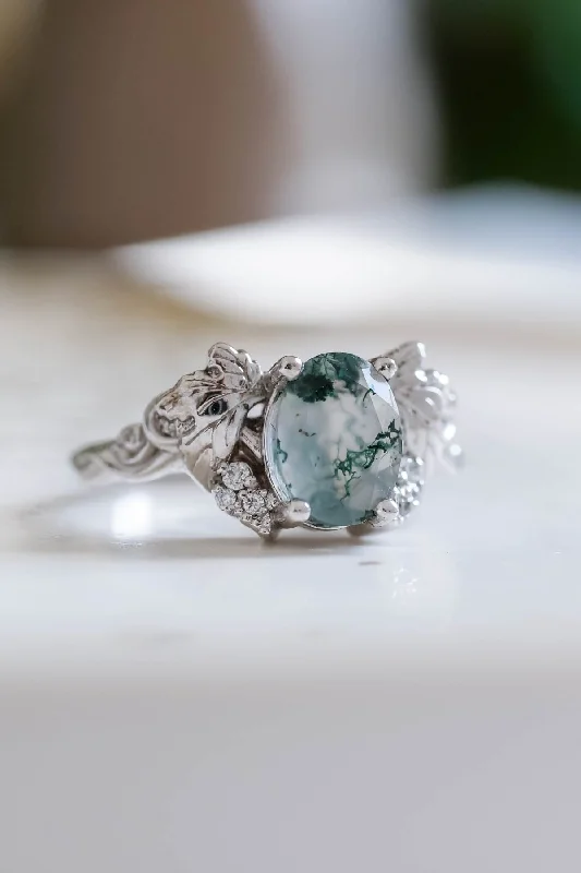 Moss agate and diamonds engagement ring, gold leaf and vine engagement ring / Vineyard