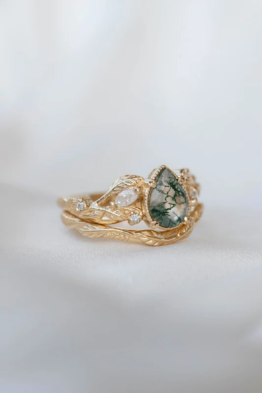 Moss agate and marquise diamonds engagement ring set, gold branch ring with diamonds / Patricia