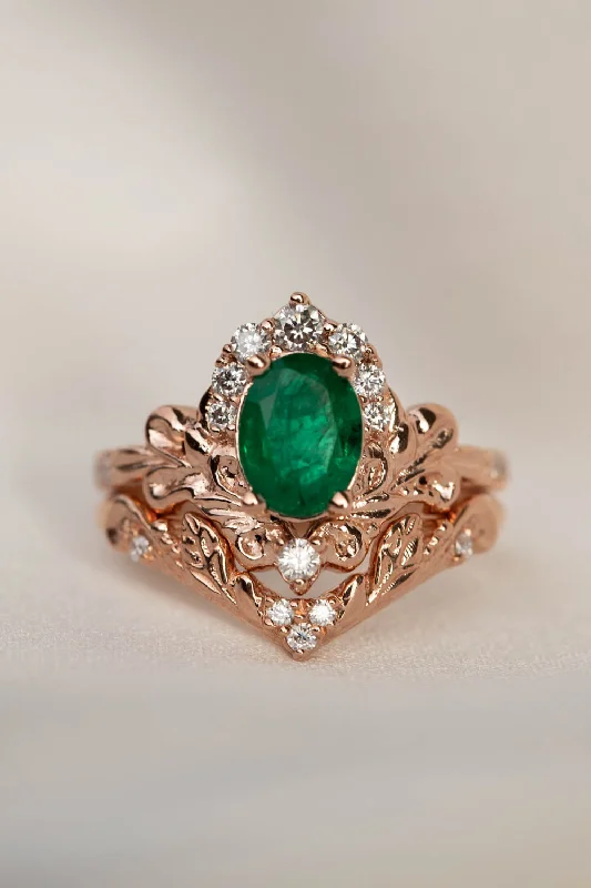 Natural emerald and diamonds bridal ring set, baroque inspired rose gold engagement ring set / Sophie