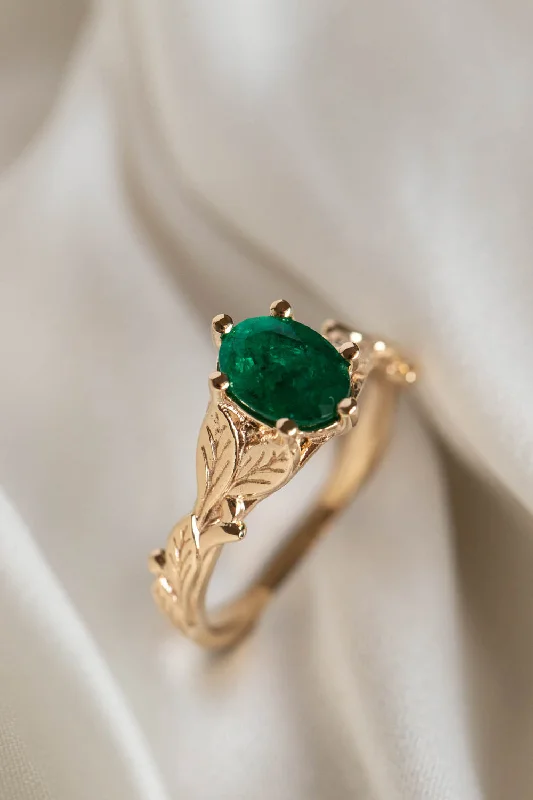 Natural emerald engagement ring, gold nature inspired engagement ring / Freesia