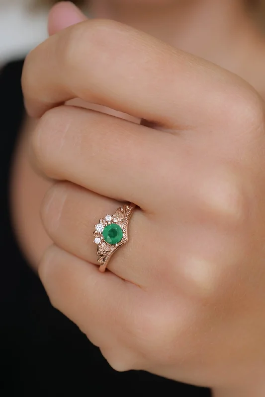 Natural emerald engagement ring, ivy leaves diamond ring / Ariadne