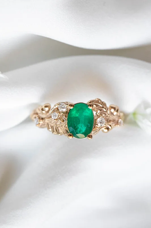 Natural emerald oak leaves engagement ring, gold ring with diamonds and acorns / Silviya