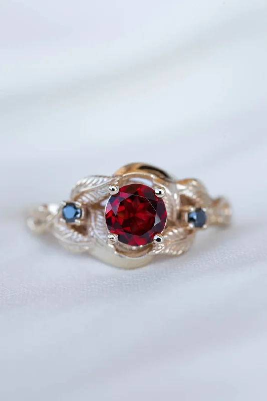 Natural garnet and black lab grown diamonds engagement ring, gold leaf proposal ring  / Azalea