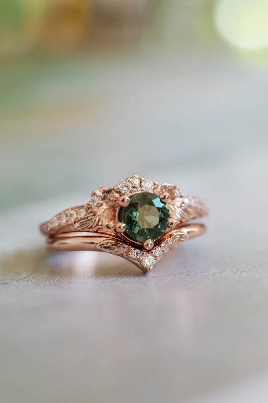 Natural green sapphire bridal ring set, sapphire and diamonds engagement ring / Amelia