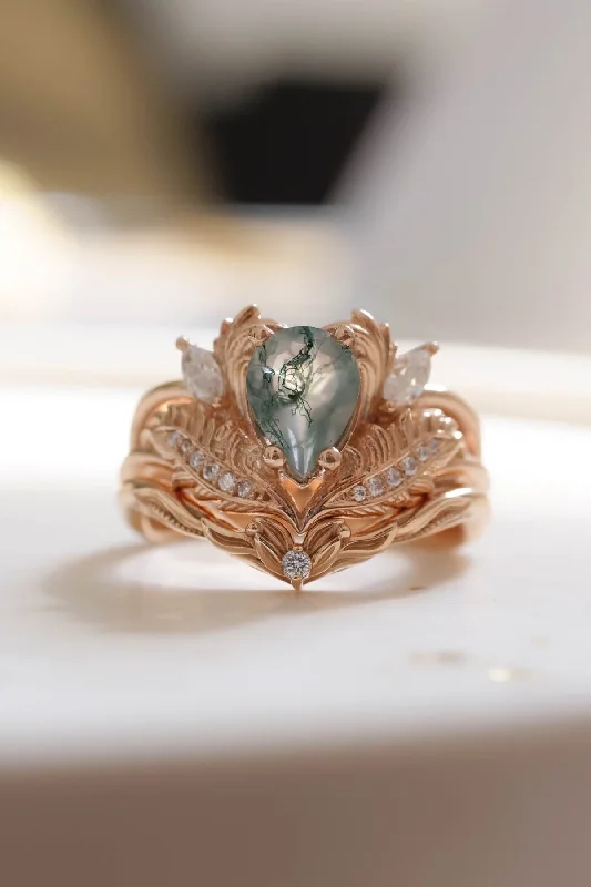 Natural moss agate bridal ring set, rose gold engagement rings with diamonds / Adonis