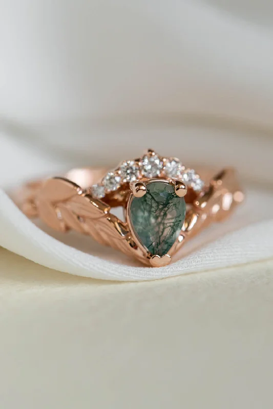 Natural moss agate rose gold engagement ring, crown shape ring with diamonds / Palmira Crown