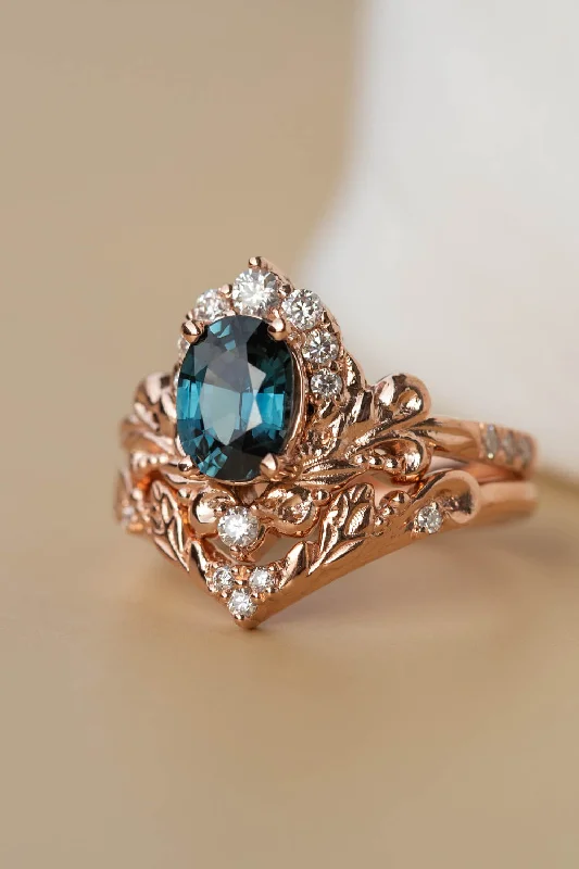 Natural teal sapphire bridal ring set, baroque inspired gold engagement ring set with diamonds / Sophie