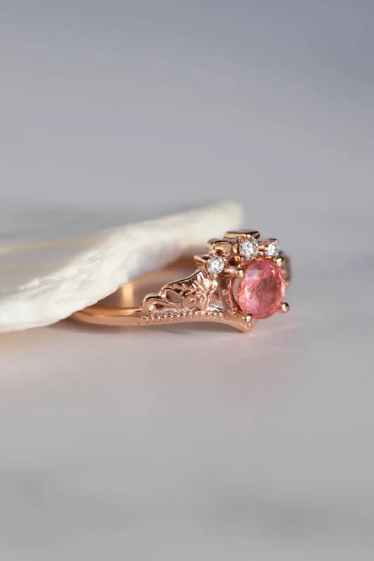 Padparadscha sapphire engagement ring, gold leaves and diamonds proposal ring / Ariadne