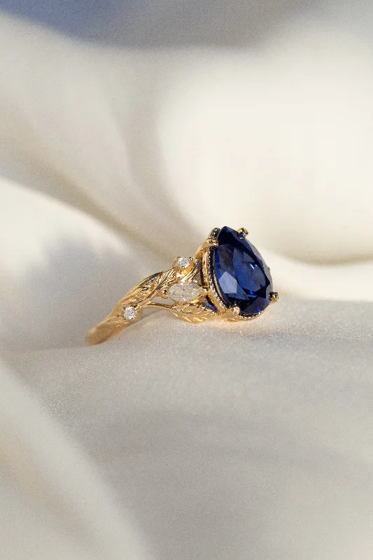 Pear sapphire twig engagement ring, royal blue lab sapphire proposal ring with diamonds / Patricia symmetric