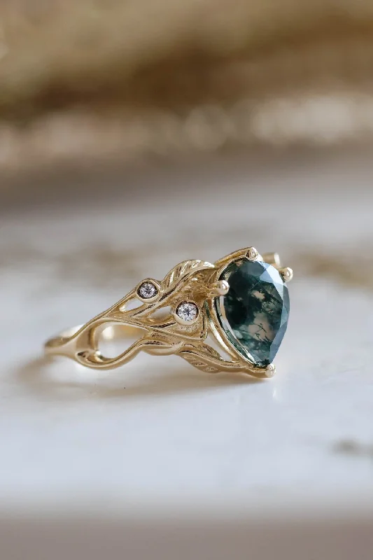 READY TO SHIP: Callisto in 14K yellow gold, pear moss agate 8x6 mm, moissanites, RING SIZE 4.25 - 7.25 US