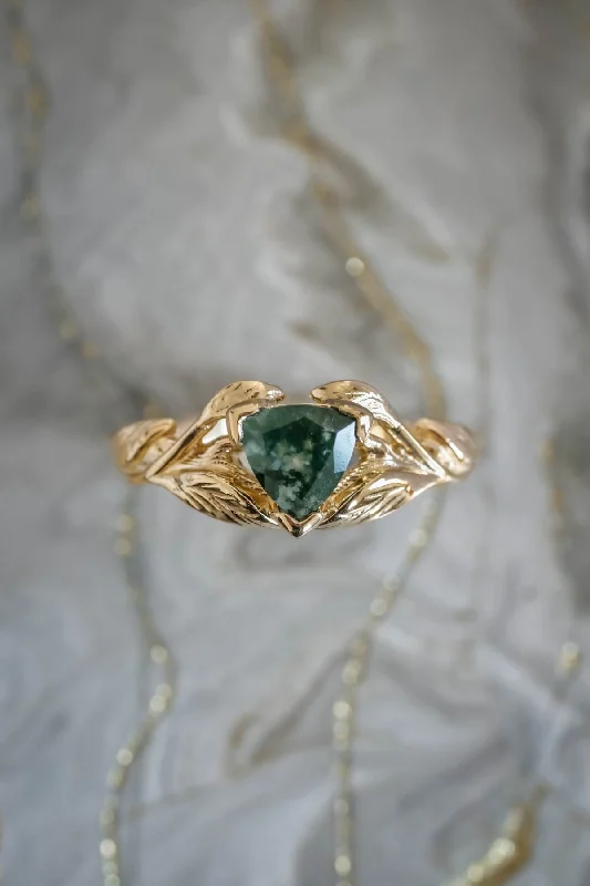 READY TO SHIP: Clematis in 14K yellow gold, trillion moss agate 6 mm, RING SIZE 5.5 - 8.5 US