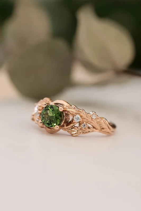 READY TO SHIP: Japanese Maple in 14K rose gold, natural round green tourmaline, 5 mm, moisssanites, RING SIZE 4.75 - 7.75 US