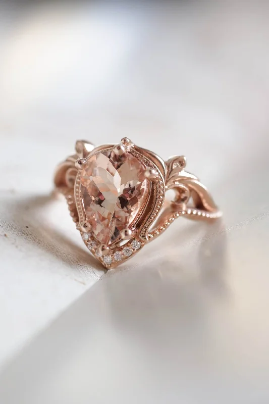 READY TO SHIP: Lida ring in 14K rose gold, peach morganite 10x7 mm, moissanites, RING SIZE 4 - 7 US