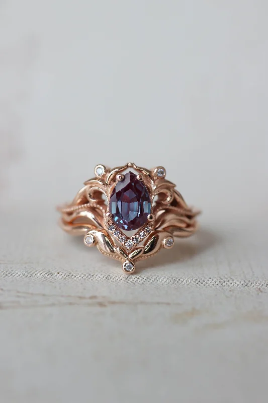 READY TO SHIP: Lida small in 14K rose gold, 7x5 mm pear cut lab alexandrite, moissanites, RING SIZE 3.5 - 6.5 US