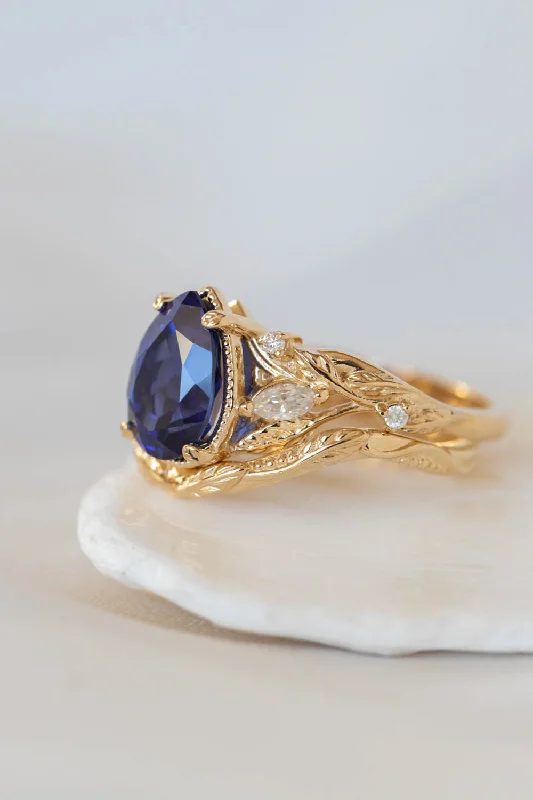 READY TO SHIP: Patricia set in 14K yellow gold, lab created pear cut blue sapphire 10x7 mm, moissanites, RING SIZES 5.5 - 8.5 US