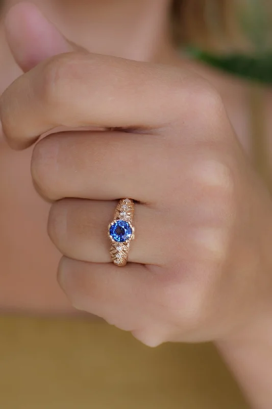 READY TO SHIP: Silvestra in 14K rose gold, natural blue sapphire 6mm, moissanites, RING SIZE 4.75 - 7.75 US