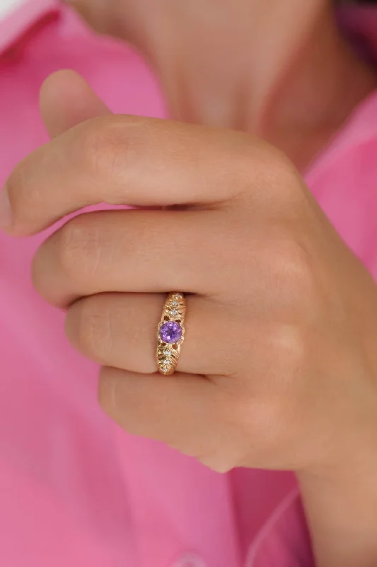 READY TO SHIP: Silvestra in 14K rose gold, round amethyst 5mm, moissanites, RING SIZE 4.75 - 7.75 US