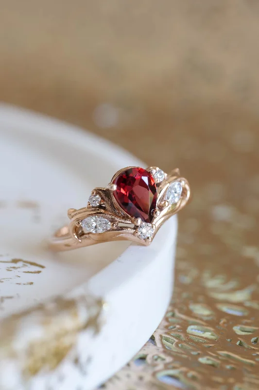 READY TO SHIP: Swanlake engagement ring in 14K rose gold, pear garnet 7x5 mm, natural diamonds, AVAILABLE RING SIZES: 5.5 - 8.5 US