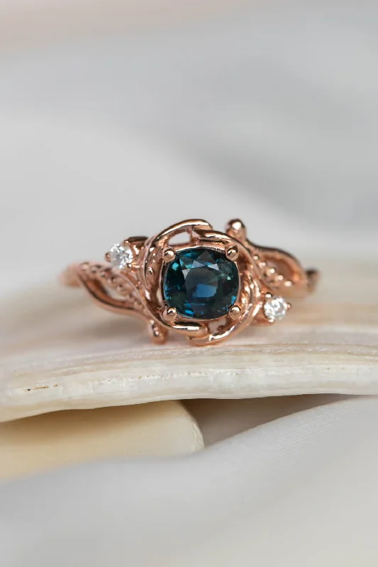 READY TO SHIP: Undina in 14K rose gold, natural teal sapphire, cushion cut, 6 mm, moissanites, AVAILABLE RING SIZES: 5.5 - 8.5 US