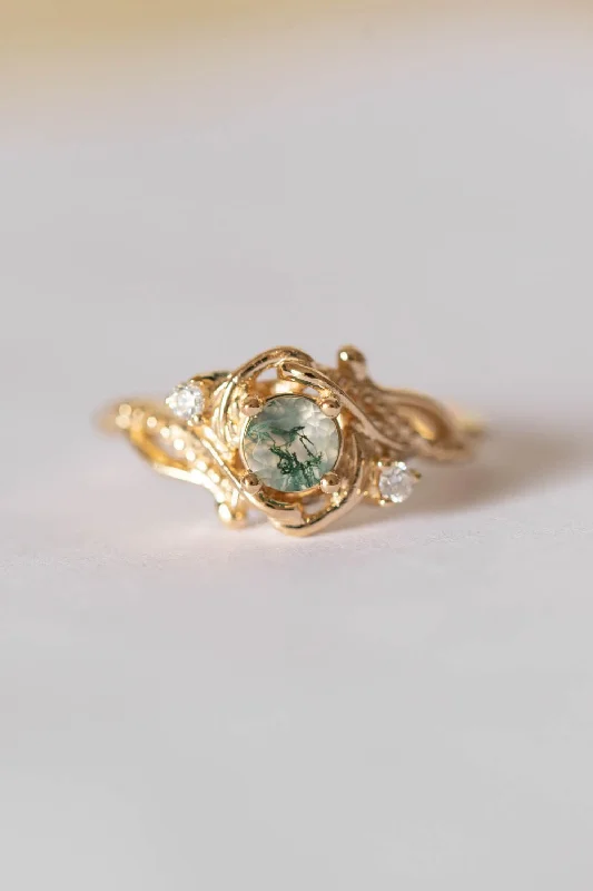 READY TO SHIP: Undina engagement ring in 14K yellow gold, round moss agate 5 mm, moissanites, AVAILABLE RING SIZES: 5.75 - 8.75 US