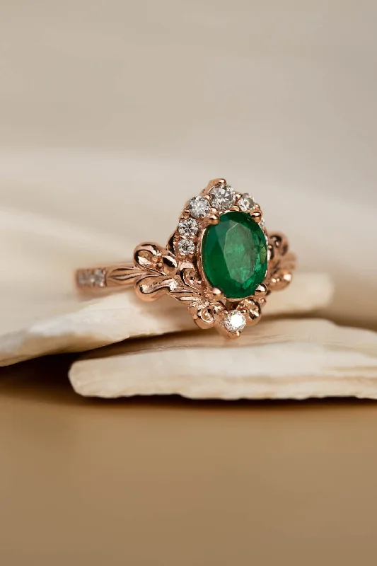 Rose gold engagement ring with emerald, crown shape gold ring with diamonds / Sophie