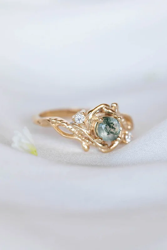 Round moss agate engagement ring with diamonds, nature themed gold ring / Undina